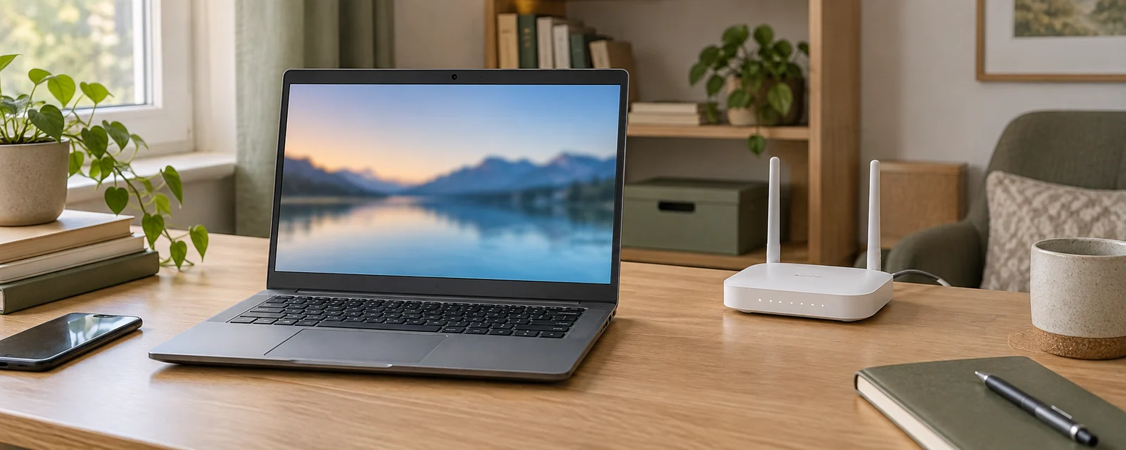 Ноутбук рядом с домашним Wi-Fi-роутером